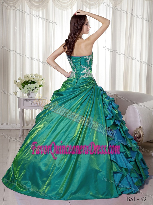 Plus Size Strapless Ruffled Appliqued Taffeta Teal Sweet 16 Dress in Style