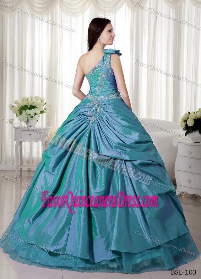 New Arrival One Shoulder Appliqued Teal Quinceanera Dress in Taffeta