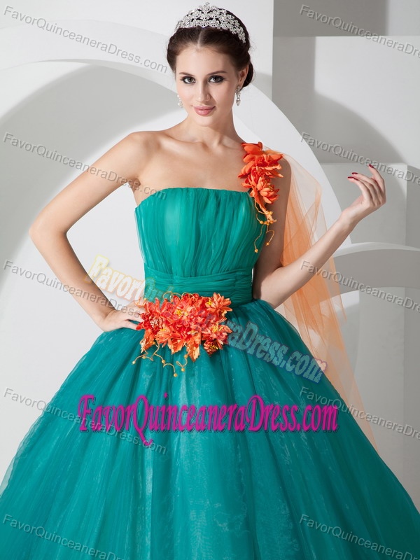 Perfect One Shoulder Organza Turquoise Sweet 15 Dress with Orange Flowers