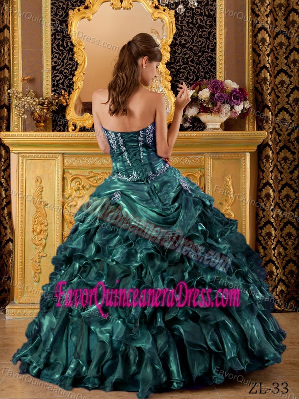 Perfect Appliqued Ruffled Teal Organza Quinces Dresses in The Mainstream