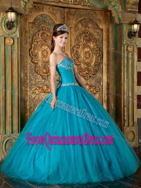 Gorgeous Sweetheart Beaded Teal Tulle Quince Gown Dresses with Paillette