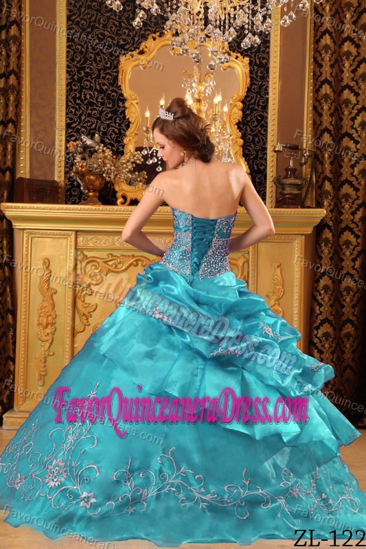 Brand New Strapless Organza Beaded Teal Quinceanera Gown with Embroidery