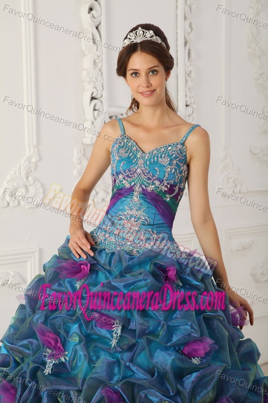 Classic Straps Appliqued Teal Brush Train Dresses for Quince in Organza