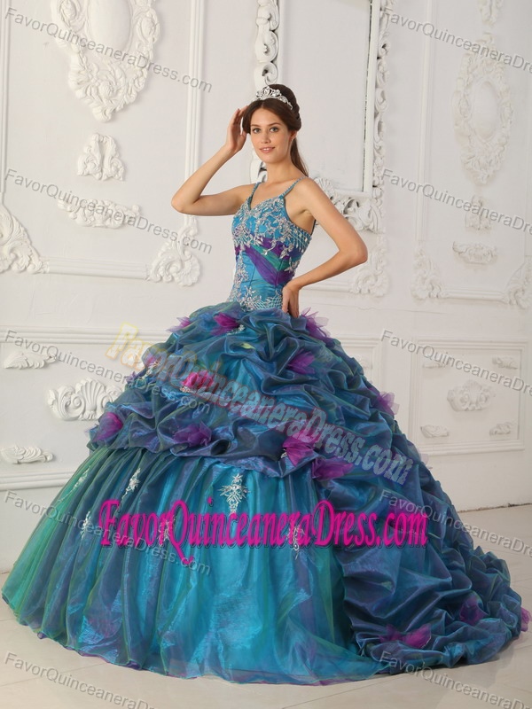 Classic Straps Appliqued Teal Brush Train Dresses for Quince in Organza