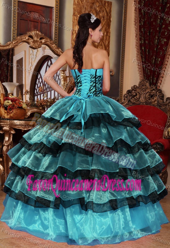 Good Quality Organza Tiered Black and Teal Quinces Dress with Zebra Print