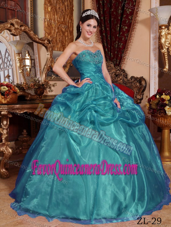 Fast Shipping Sweetheart Organza Teal Quinceanera Dress with Beading