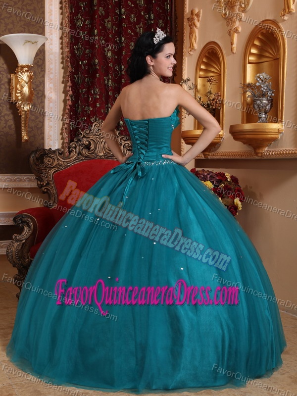 Flounced Beaded Strapless Dark Green Tulle Quinceanera Dresses with Flowers
