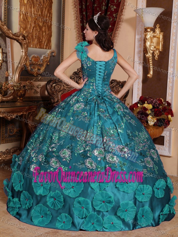 Elegant V-neck Straps Teal Satin Quinceanera Dress with Beading and Appliques
