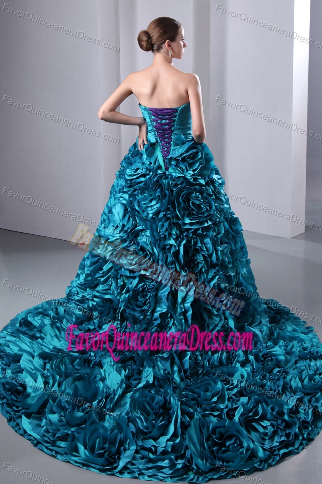 Ruched Sweetheart Teal Brush Train Taffeta Dress for Quince with Rolling Flowers