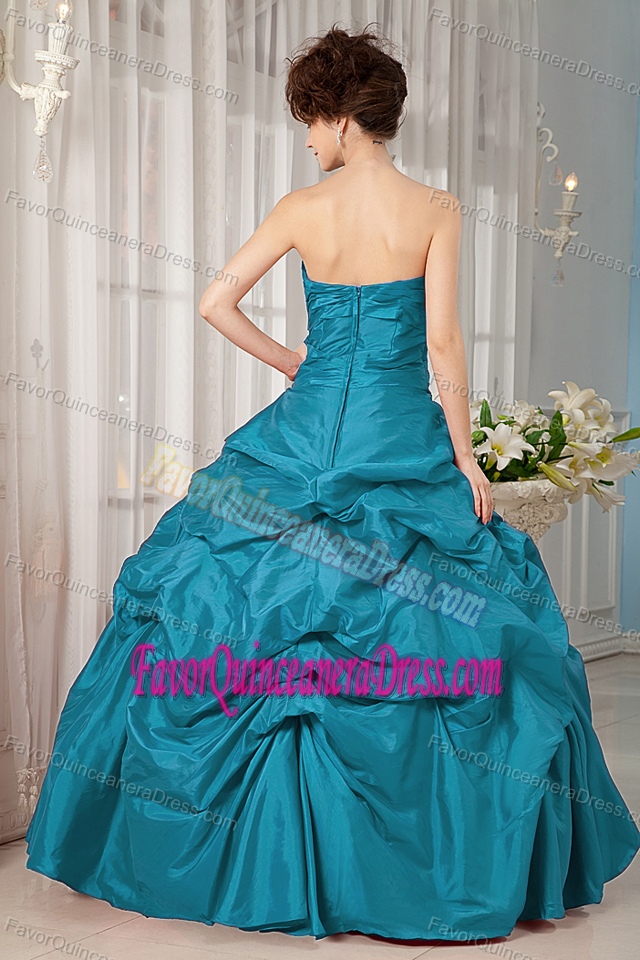 Strapless Teal Ruched Taffeta Quinceanera Dresses with Pick-ups and Appliques
