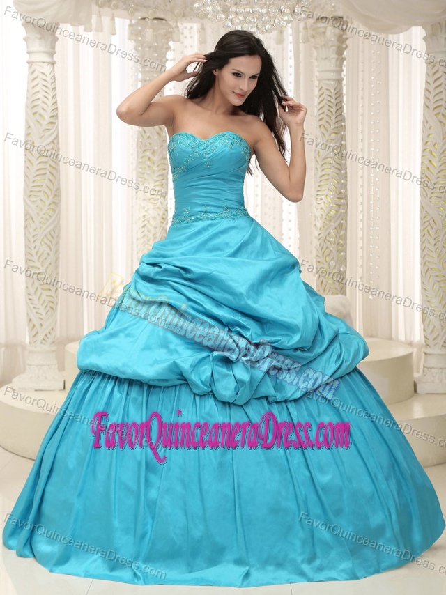 Teal Taffeta Sweetheart Appliqued for Sweet Sixteen Dresses with Lace Up