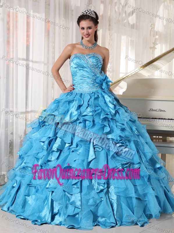 Teal Ball Gown Organza Beaded Quinceanera Gown Dresses with Sweetheart