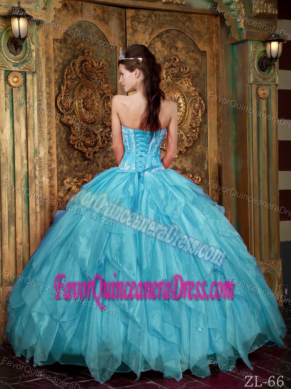 Gorgeous Strapless Appliques Organza for Quinceanera Dress in Aqua Blue