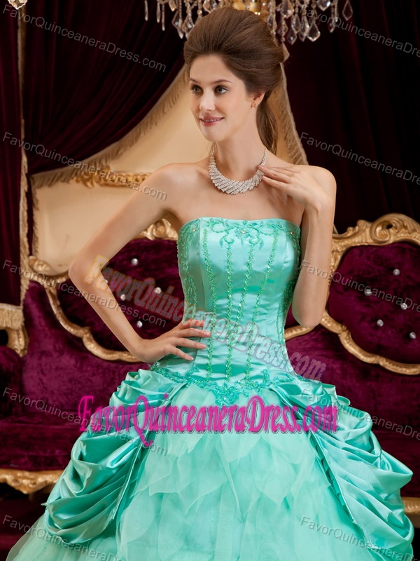 Strapless Ruffled Apple Green Quinceanera Gown in Taffeta and Organza
