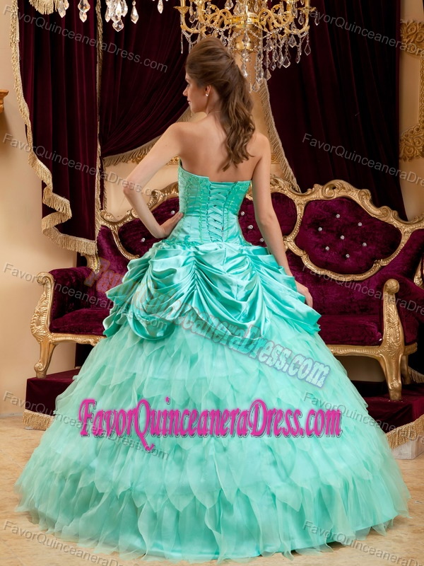 Strapless Ruffled Apple Green Quinceanera Gown in Taffeta and Organza