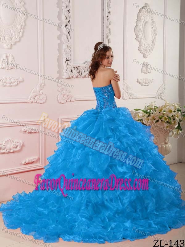 Strapless Organza Embroidery Teal Ball Gown Quinceanera Dresses with Ruffles