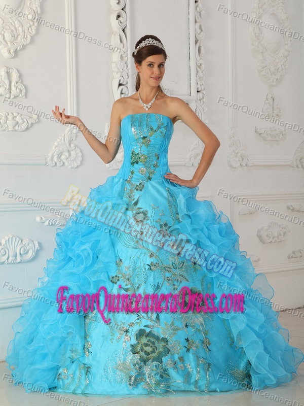 Exquisite Strapless Embroidery Aqua Blue Quinceanera Dress with Ruffles