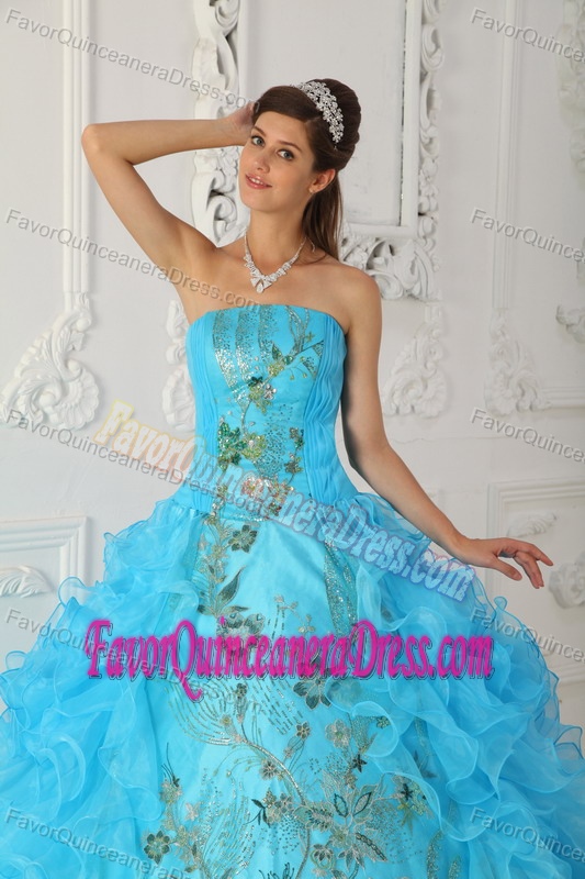 Exquisite Strapless Embroidery Aqua Blue Quinceanera Dress with Ruffles