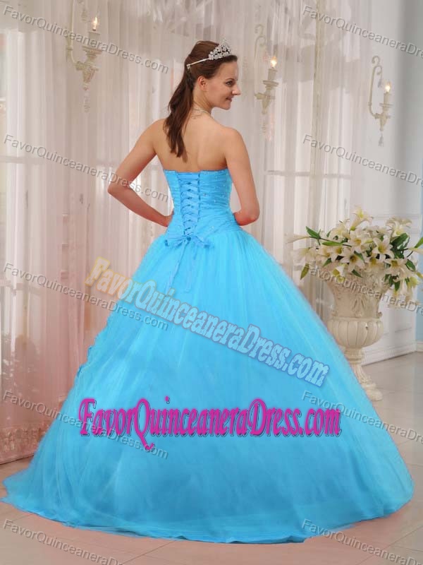 Blue Sweetheart Tulle Beaded Quinceanera Dress with Hand Made Flowers