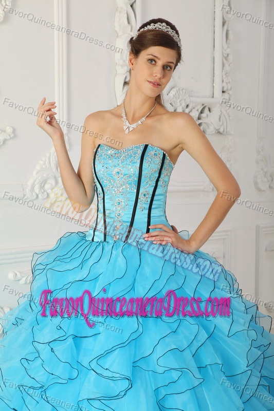 Baby Blue Strapless Organza Quinceanera Dress with Appliques and Ruffles