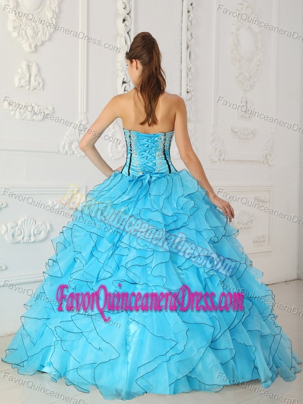 Baby Blue Strapless Organza Quinceanera Dress with Appliques and Ruffles