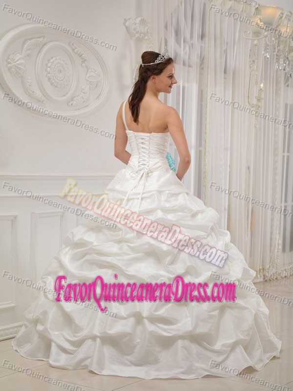 White One Shoulder Taffeta Quinceanera Dress with Hand Flower and Beading