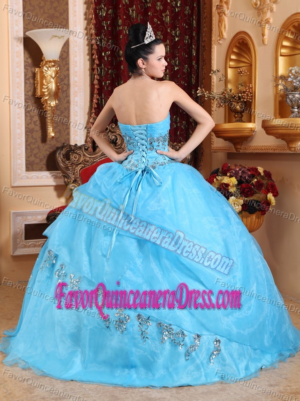 Aqua Blue Sweetheart Beaded Quinceanera Dress Made in Organza Fabric