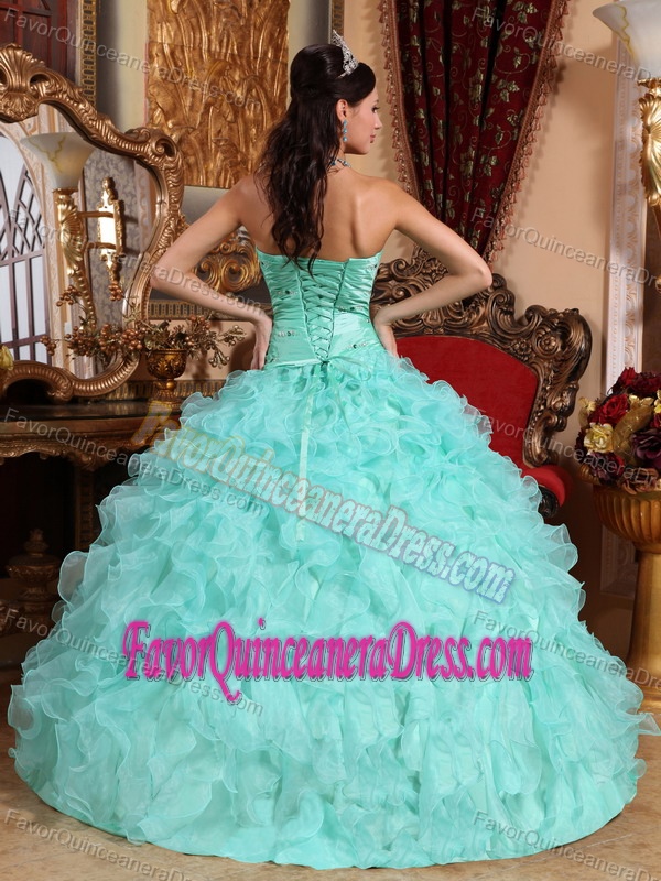 Apple Green Sweetheart Beaded and Ruffled Quinceanera Dress in Organza