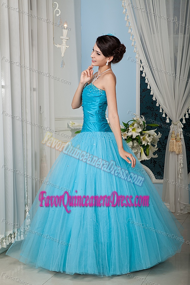 A-line Beaded Aqua Blue Quinceanera Dress in Tulle Popular Nowadays
