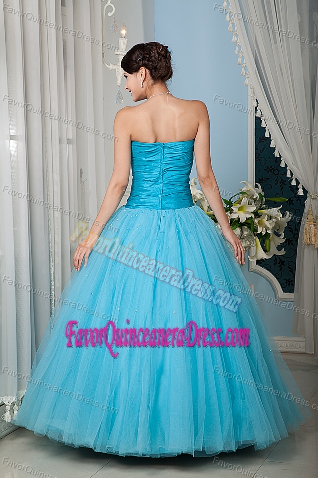 A-line Beaded Aqua Blue Quinceanera Dress in Tulle Popular Nowadays