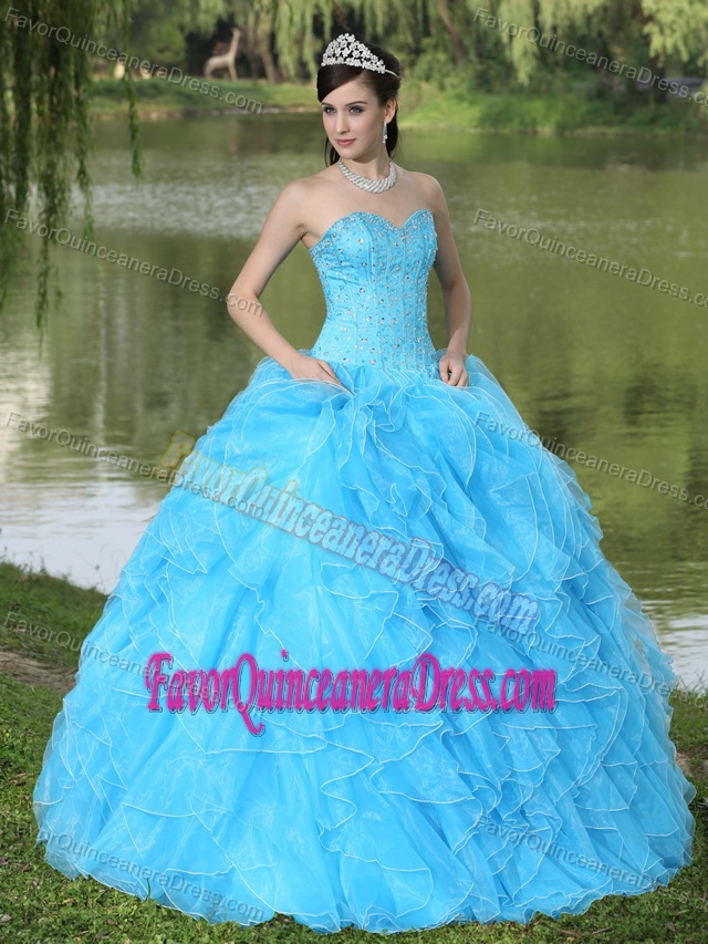 Special Beaded Ruffled Organza Aqua Blue Quince Dress with Corset Back