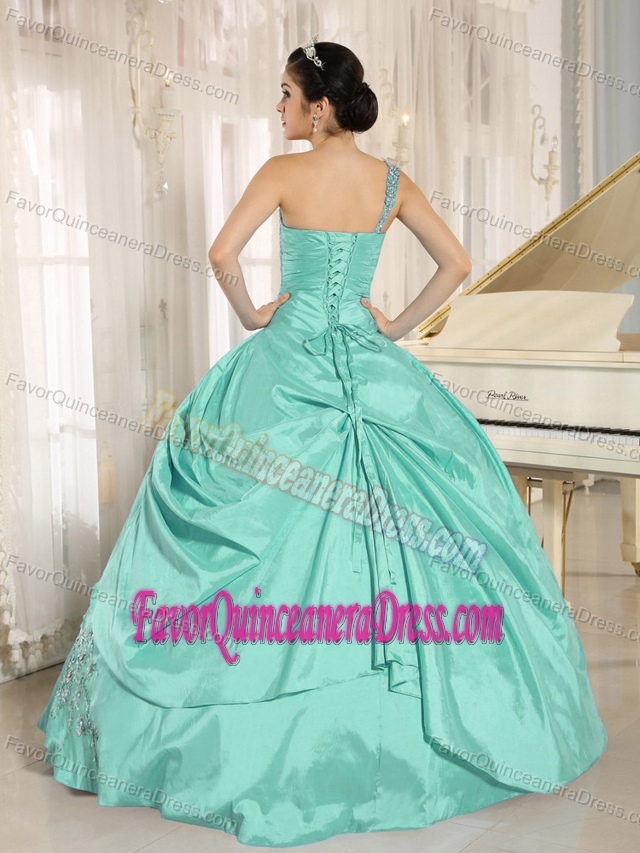 Affordable Appliqued Turquoise One Shoulder Quinceanera Gown in Taffeta