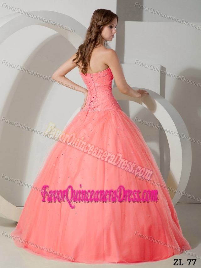 Pink Strapless Floor-length Tulle Quinceanera Dress with Beading on Sale