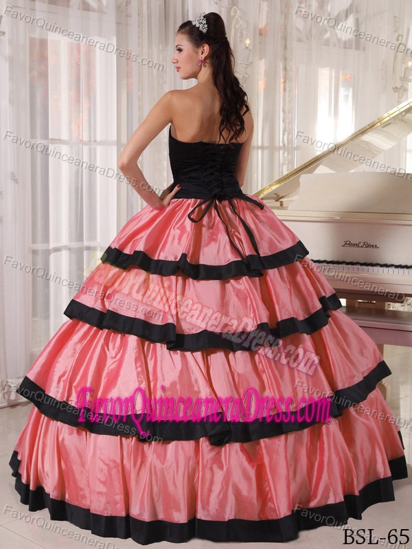 Watermelon and Black Strapless Floor-length Quinceanera Dress in Taffeta