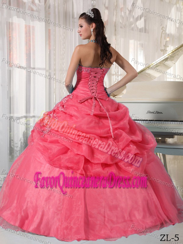 Watermelon Strapless Organza Appliqued Quinceanera Dress with Pick Ups