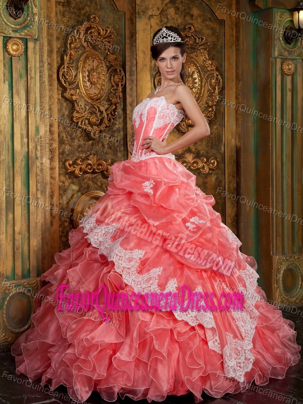 Appliqued Strapless Floor-length Quinceanera Dress with Ruffles and Lace Up