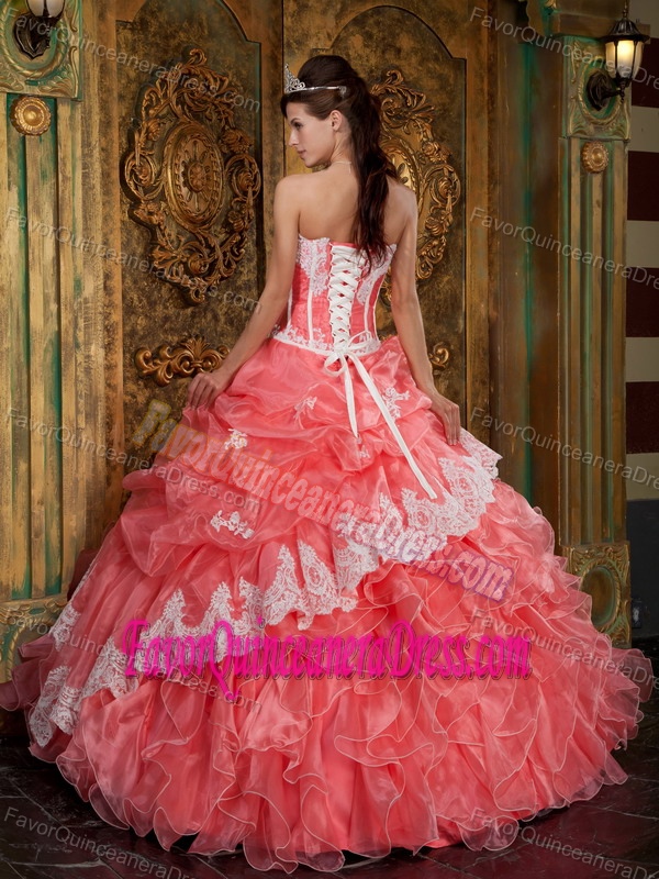 Appliqued Strapless Floor-length Quinceanera Dress with Ruffles and Lace Up