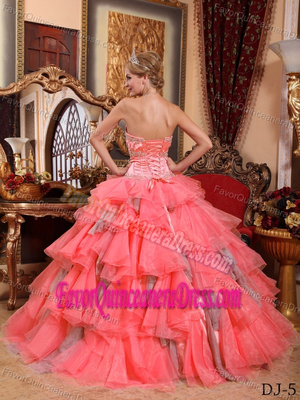 Watermelon Sweetheart Floor-length Organza Quinceanera Dress with Beading