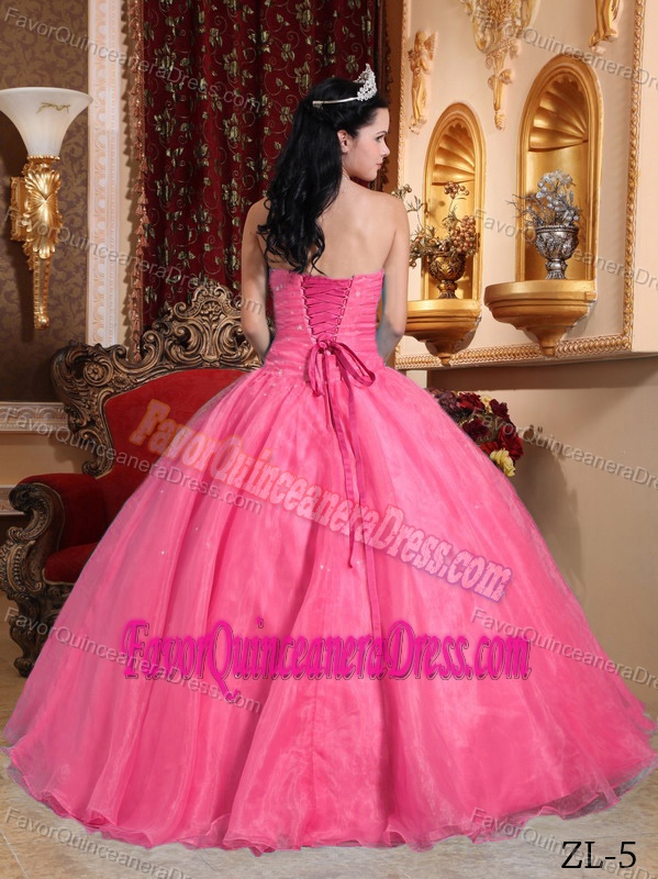 Watermelon Strapless Floor-length Organza Quinceanera Dress with Appliques