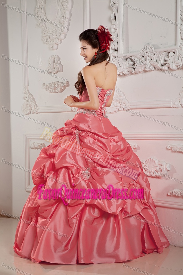 Watermelon Ball Gown Quinceanera Dress in Taffeta with Bead and Pick-up