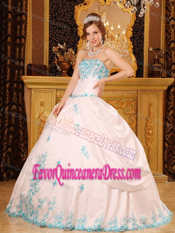 Exclusive White Taffeta Floor-length Sweet 15 Dresses with Blue Appliques