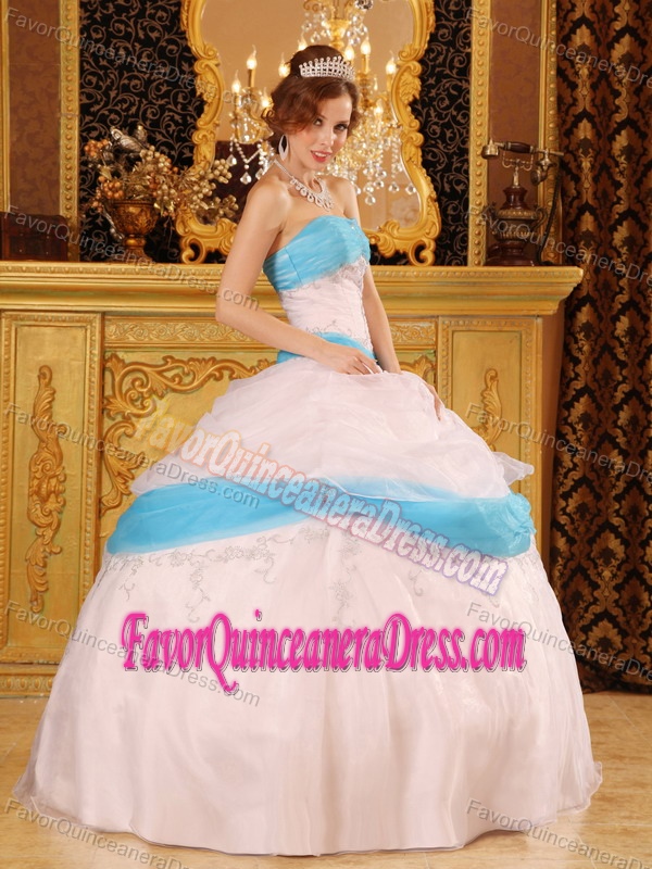 Special Organza Satin Appliqued Quince Dresses in White and Aqua Blue