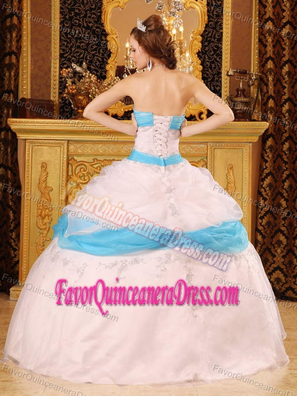 Special Organza Satin Appliqued Quince Dresses in White and Aqua Blue