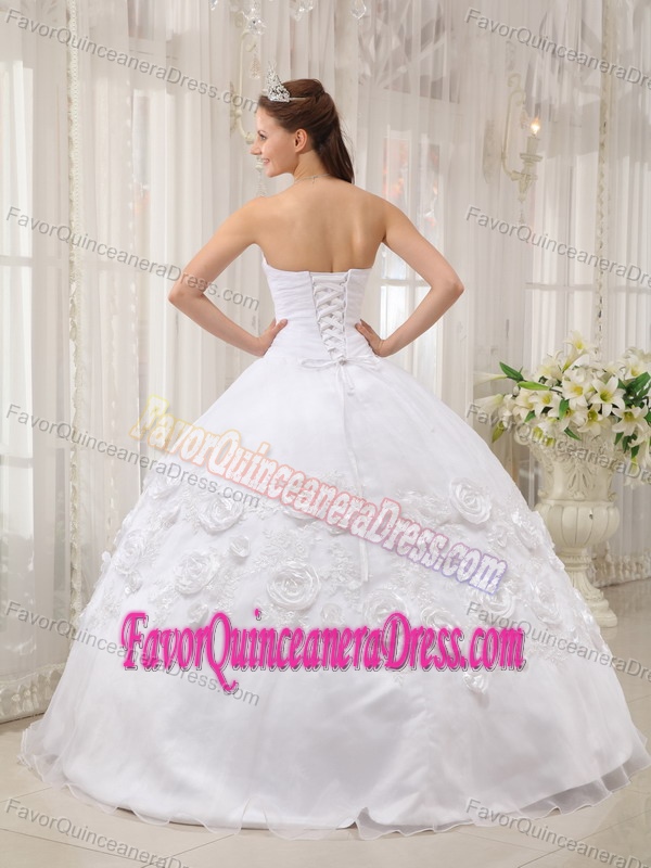 Gorgeous White Organza Satin Appliqued Quinceanera Gown Dress with Flowers