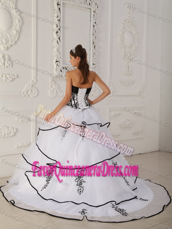 Surprising White Organza Fall Quinceanera Dress with Black Embroidery