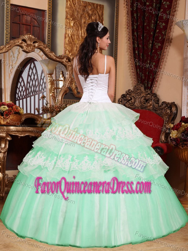 New Straps Appliqued White and Apple Green Quince Dress in Organza Taffeta