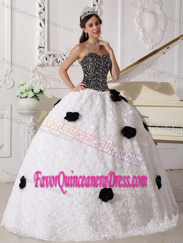 Embossed Fabric Sequin White and Black Fall Quinceanera Gown with Flowers