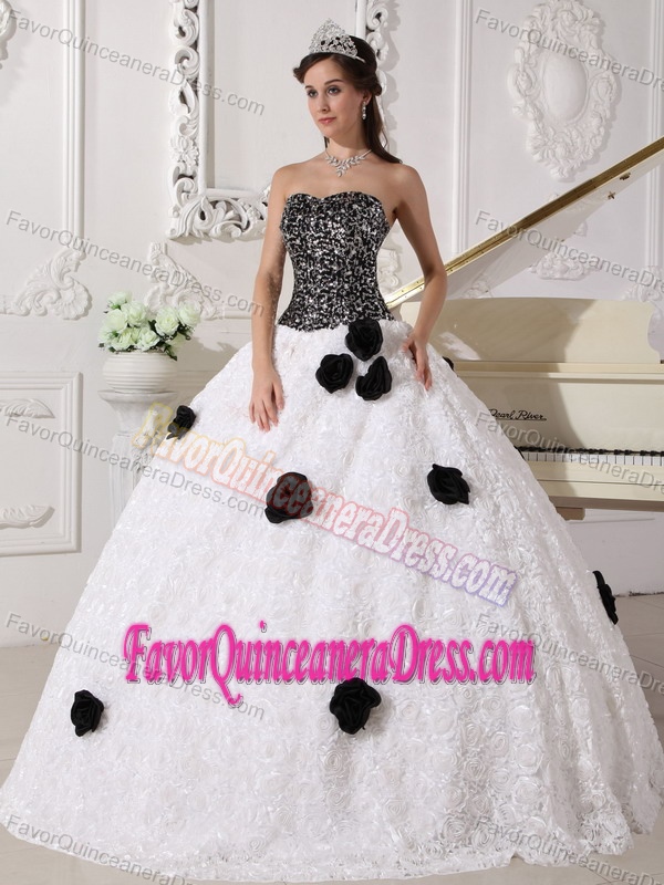 Embossed Fabric Sequin White and Black Fall Quinceanera Gown with Flowers