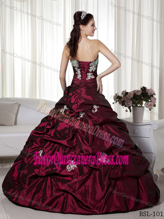 Taffeta Strapless Appliques Wine Red Lace Up Back Necessary Sweet 16 Dress