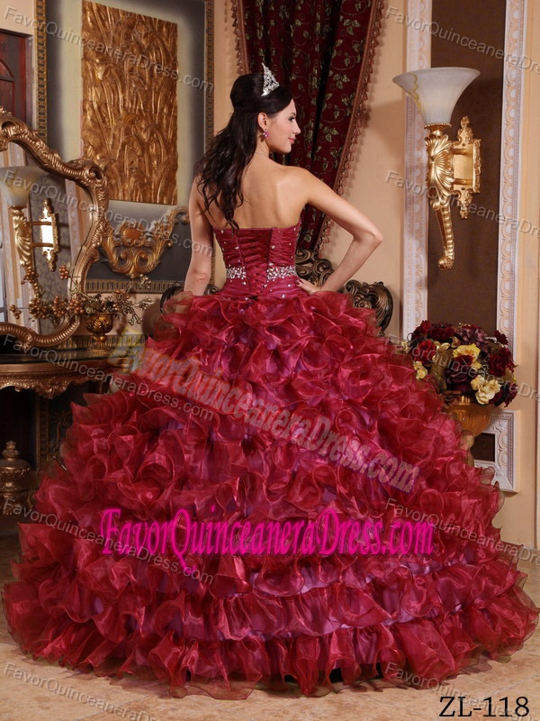 Popular Sweetheart Beading Ruffled Organza Wine Red Quinceaneras Gowns